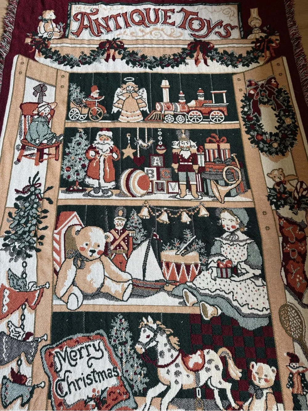 Vintage Fieldcrest Antique Holiday Throw Blanket - Burgundy, Green, Cream